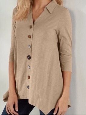 Soft Surroundings Danielle Button Tunic 3/4 Sleeve Cotton Desert Stone Size M